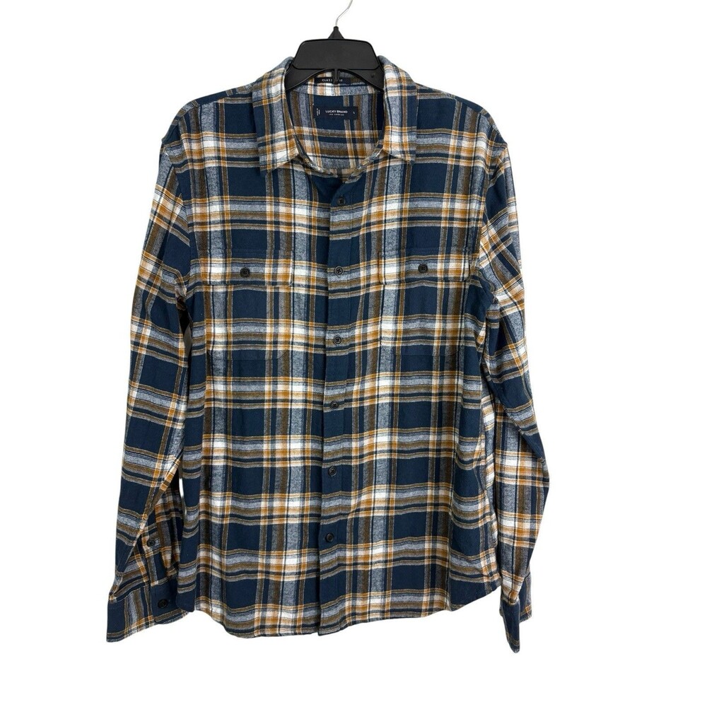 Lucky Brand Mens Shirt Button Down Size Large Tobacco Plaid Two Chest Pockets